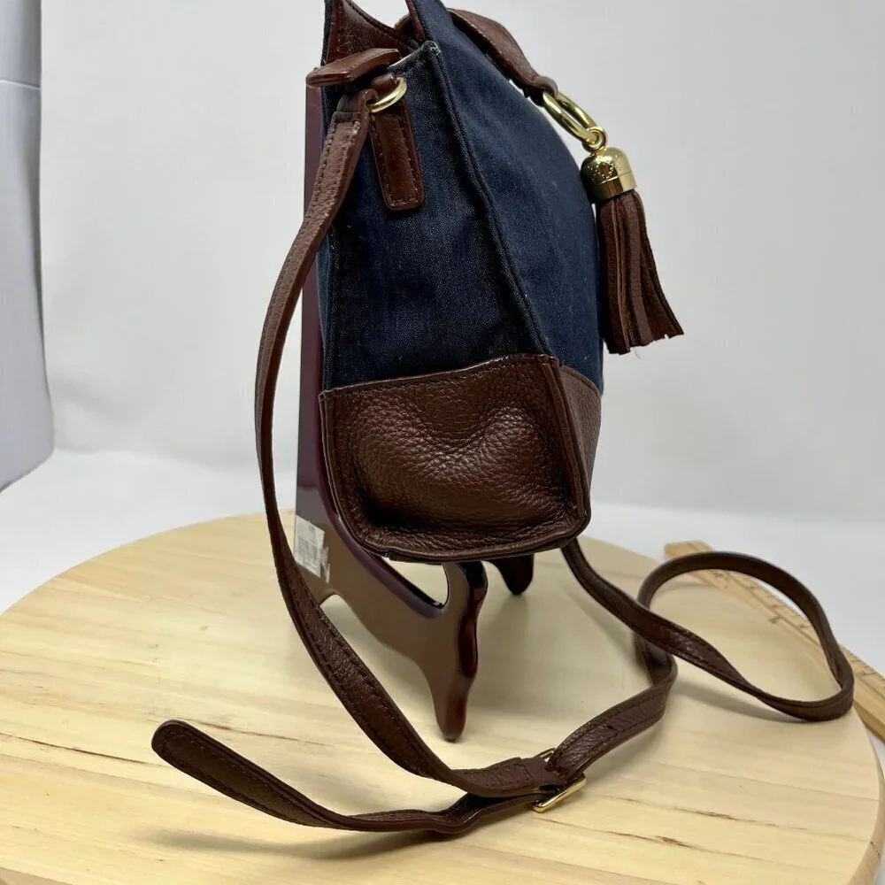 Talbots Denim Leather Crossbody Bag Tassel preppy coastal boho
